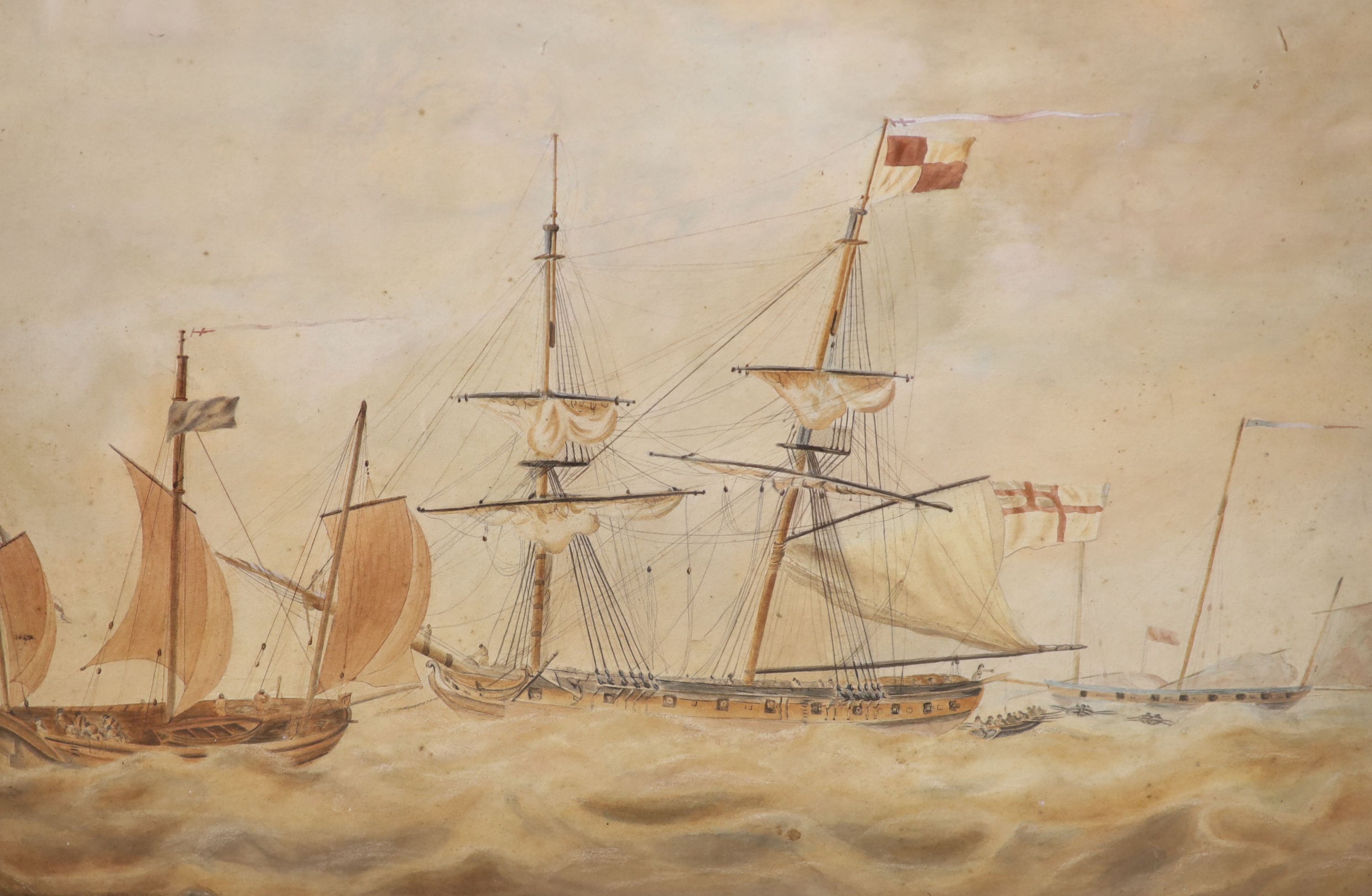 F.Ommanney (19th C), watercolour, Naive shipping scene, signed 38 x 55cm. and two coloured lithographs, whaling scenes ‘Der Wallfischfang’, 31 x 39cm overall. (3)